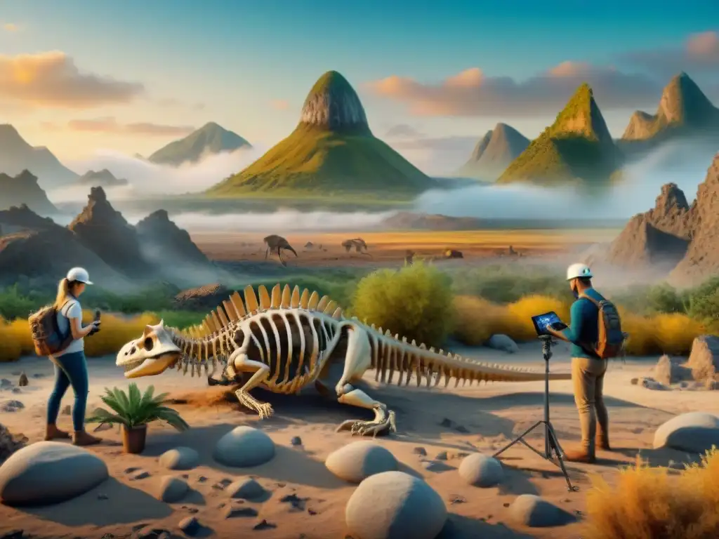 Equipo de paleontólogos reconstruye dinosaurio con realidad aumentada Equipo de paleontólogos reconstruyendo un esqueleto de dinosaurio con Realidad Aumentada en una excavación