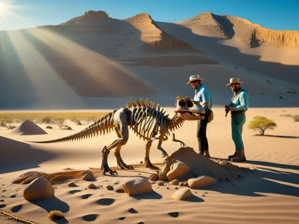 Excavación minuciosa: paleontólogos descubriendo fósiles en el desierto Un equipo de paleontólogos excava un esqueleto de dinosaurio en un remoto desierto