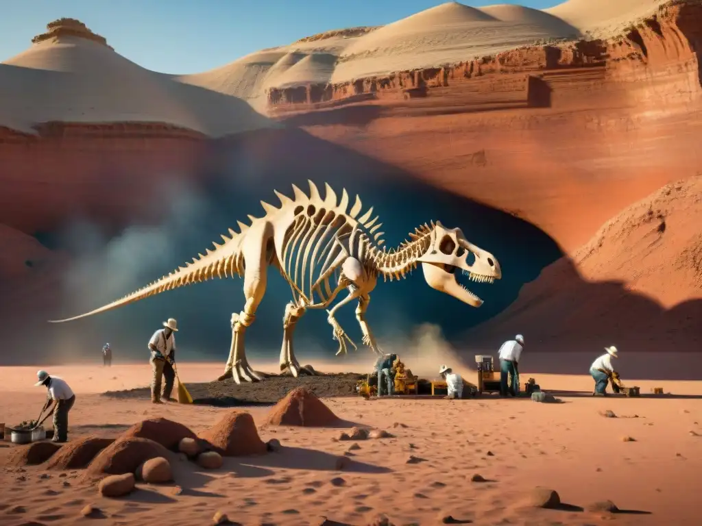 Un equipo de paleontólogos excava un esqueleto de dinosaurio bajo el sol abrasador en el desierto