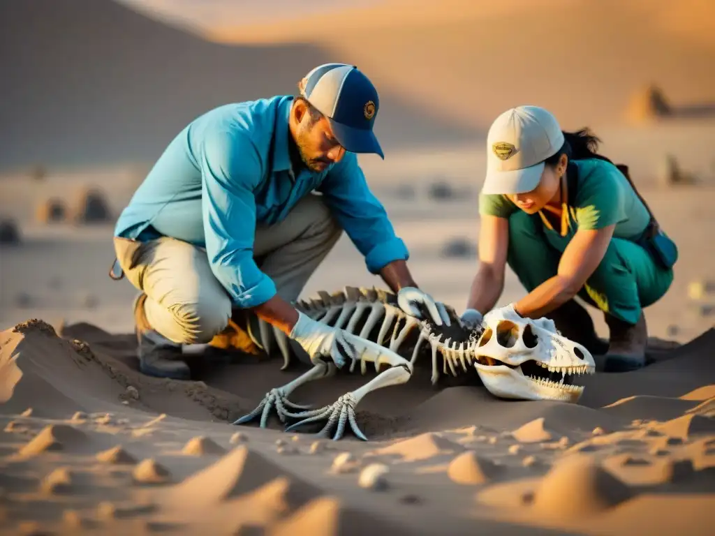 Excavación de Velociraptor en el Desierto de Gobi Equipo de paleontólogos excavando esqueleto de Velociraptor en desierto del Gobi, mostrando especialización en especies de dinosaurios