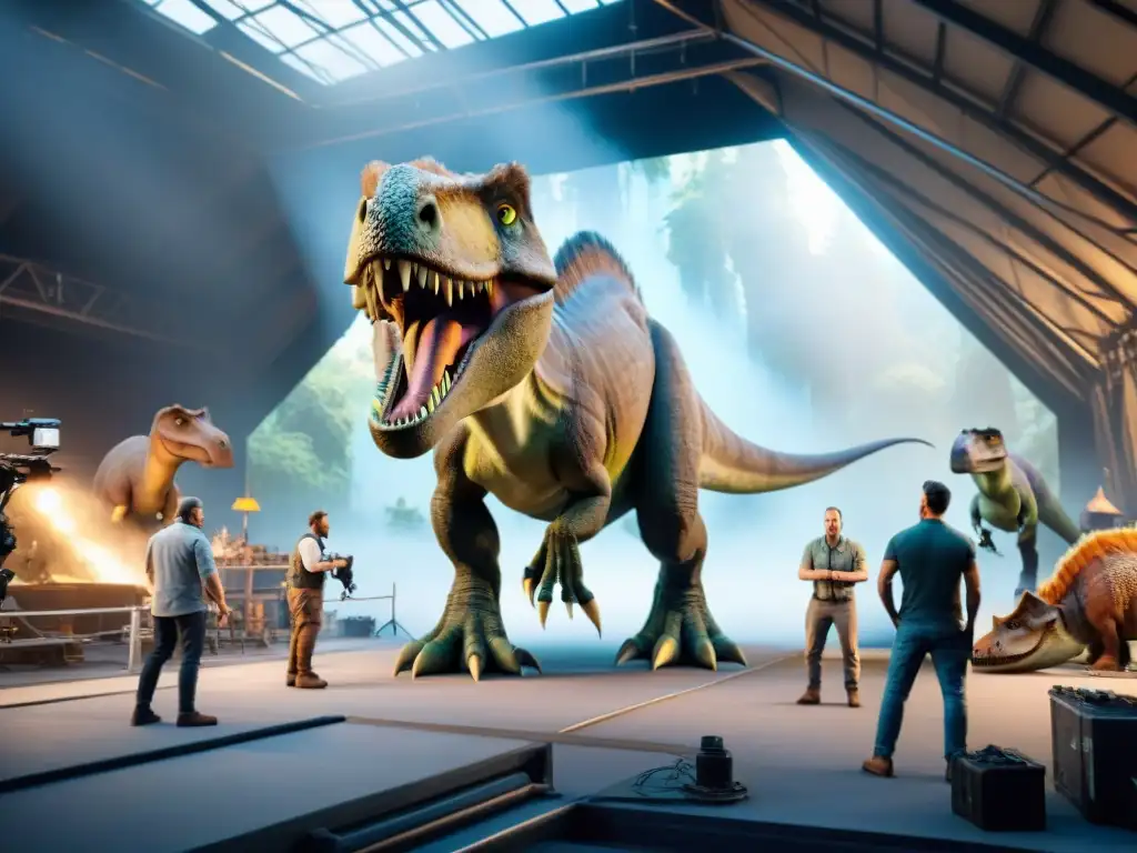 Detrás de cámaras: Animatronics realistas en Ice Age 3 Equipo experto ajusta detallado animatrónico de dinosaurio en set de película