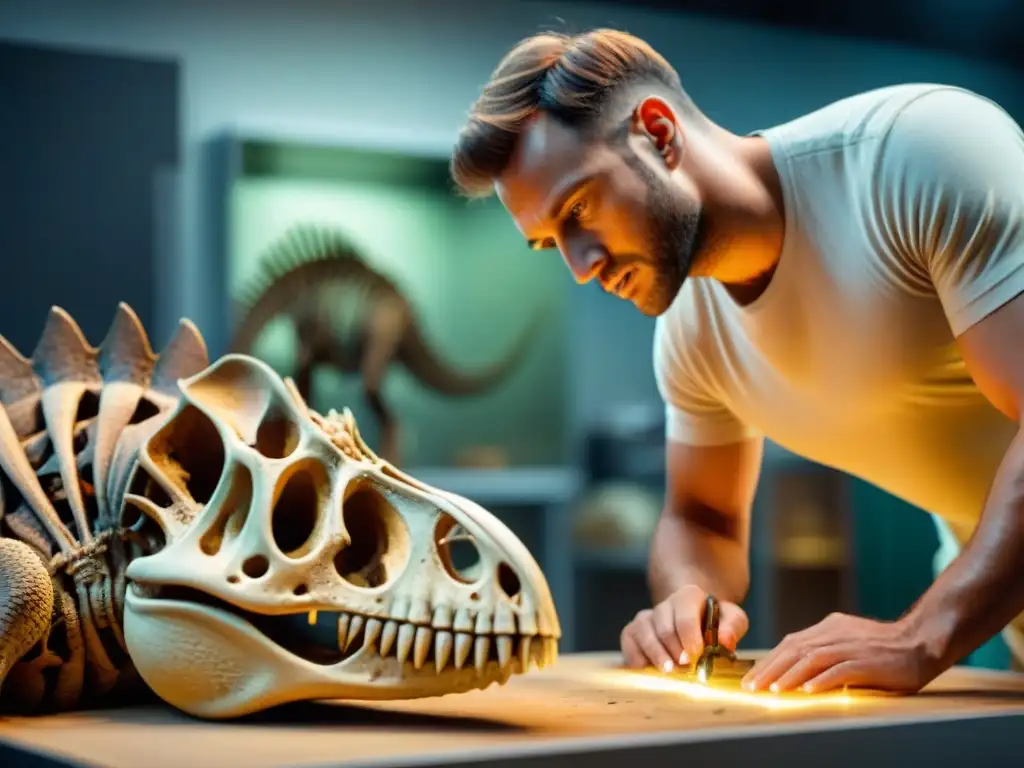 Un equipo de expertos paleontólogos diseña con precisión el esqueleto de un dinosaurio en un laboratorio tenue