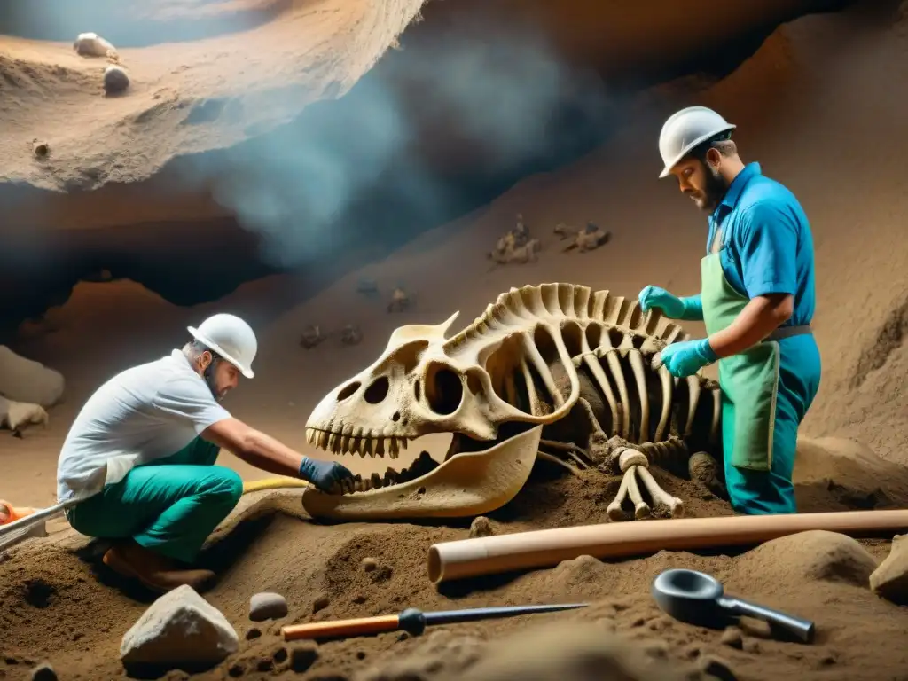 Un equipo de expertos paleontólogos excava con precisión un esqueleto de dinosaurio fosilizado