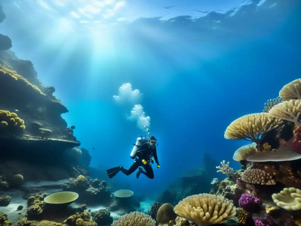 Un equipo de exploradores modernos busca los Secretos de Lemuria continente perdido en el fondo del mar, rodeados de misterios y ruinas antiguas