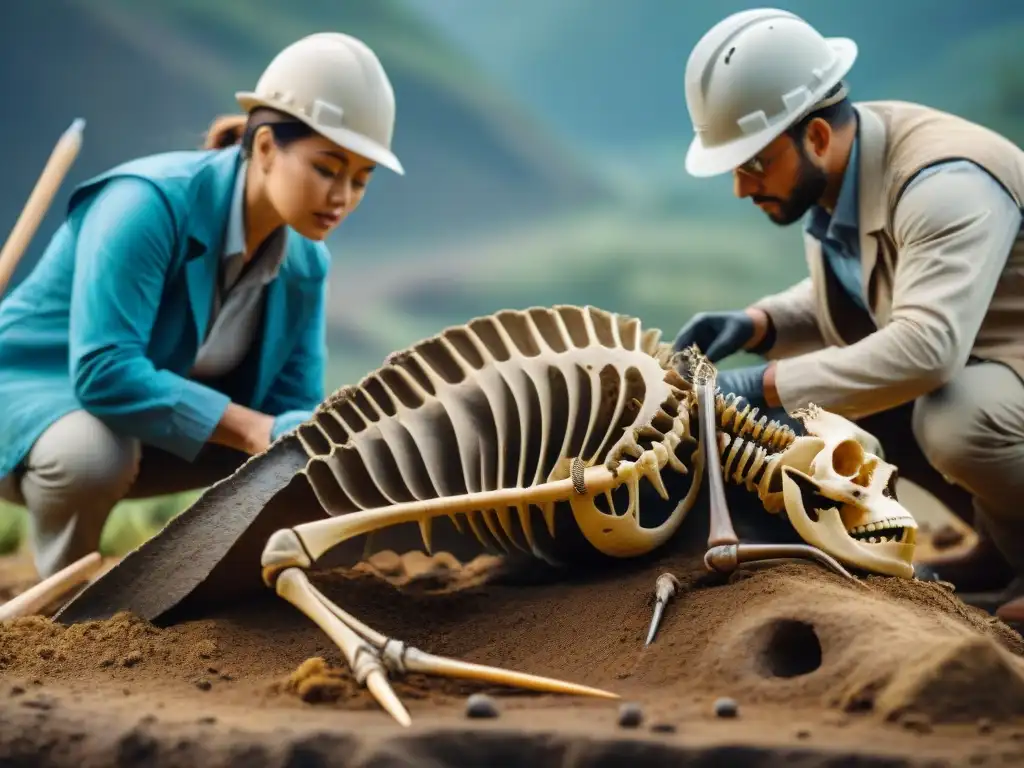 Excavación paleontológica de ave antigua: detalle y precisión Equipo de paleontólogos excavando fósil de ave antigua, demostrando precisión y estudio evolución aves técnicas paleontología