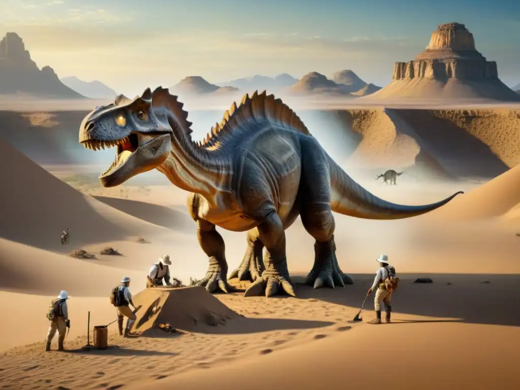Excavación épica: paleontólogos descubriendo fósiles de dinosaurios en el desierto Equipo de paleontólogos excavando fósil de dinosaurio en el ardiente desierto