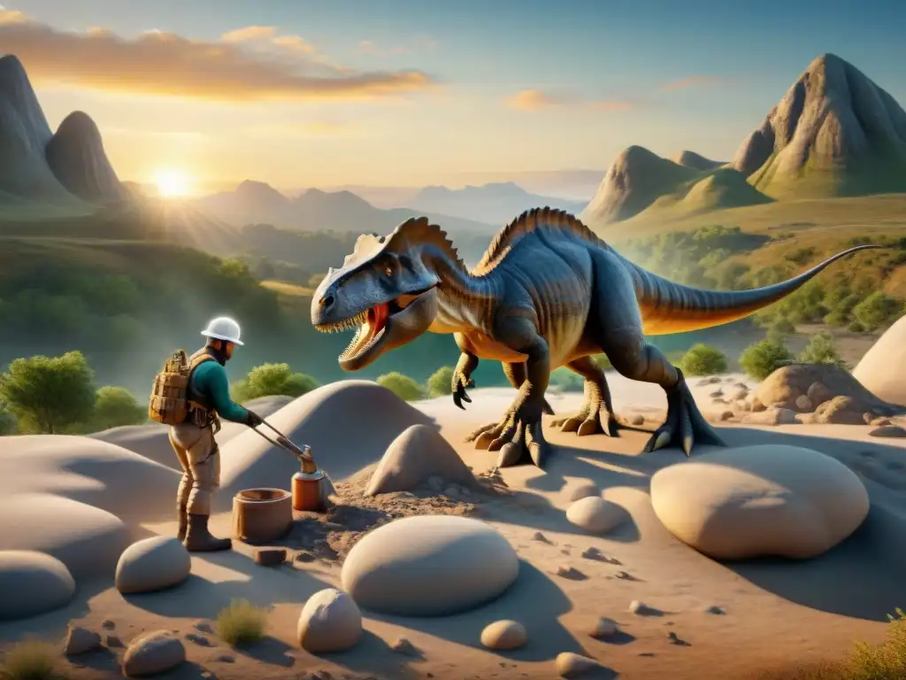 Descubrimiento paleontológico al atardecer: pasión y precisión en la excavación de fósil de dinosaurio Un equipo de paleontólogos excavando un fósil de dinosaurio al atardecer, con herramientas esparcidas y una luz dorada cálida sobre ellos