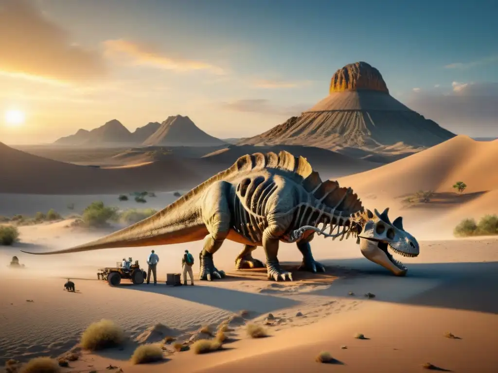 Excavación experta: paleontólogos revelan fósil de dinosaurio al atardecer Equipo de paleontólogos excavando fósil de dinosaurio al atardecer en desierto, resaltando la evolución de los dinosaurios cultura