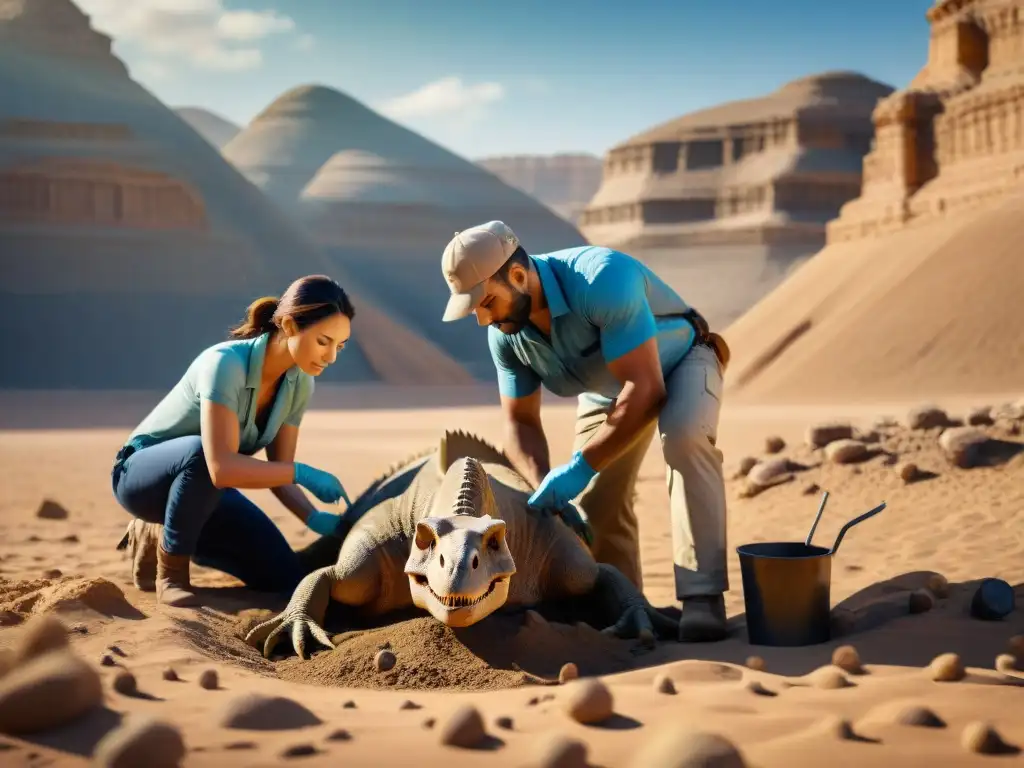 Excavación de fósil de dinosaurio: precisión y dedicación Un equipo de paleontólogos excava un fósil de dinosaurio en un desierto remoto, demostrando preparación emocional para excavación dinosaurios