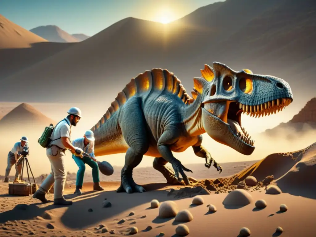 Excavación paleontológica: descubriendo fósiles con precisión Equipo de paleontólogos excavando fósil de dinosaurio en desierto remoto con preparación emocional para excavación dinosaurios