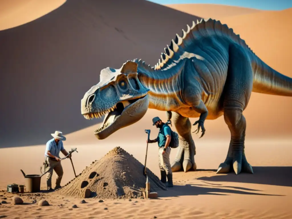 Equipo de paleontólogos excavando fósil de dinosaurio en desierto con herramientas especializadas