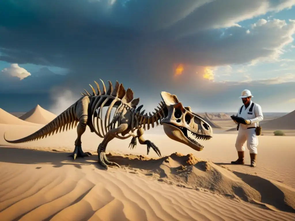 Excavación de fósiles de dinosaurios: pasión y descubrimiento Equipo de paleontólogos excavando fósil de dinosaurio en el desierto, bajo un cielo dramático