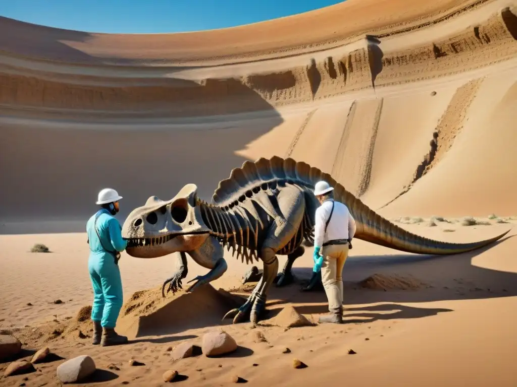 Excavación detallada de fósil de dinosaurio en desierto Un equipo de paleontólogos excava un fósil de dinosaurio en un desierto soleado, mostrando la historia de la Tierra