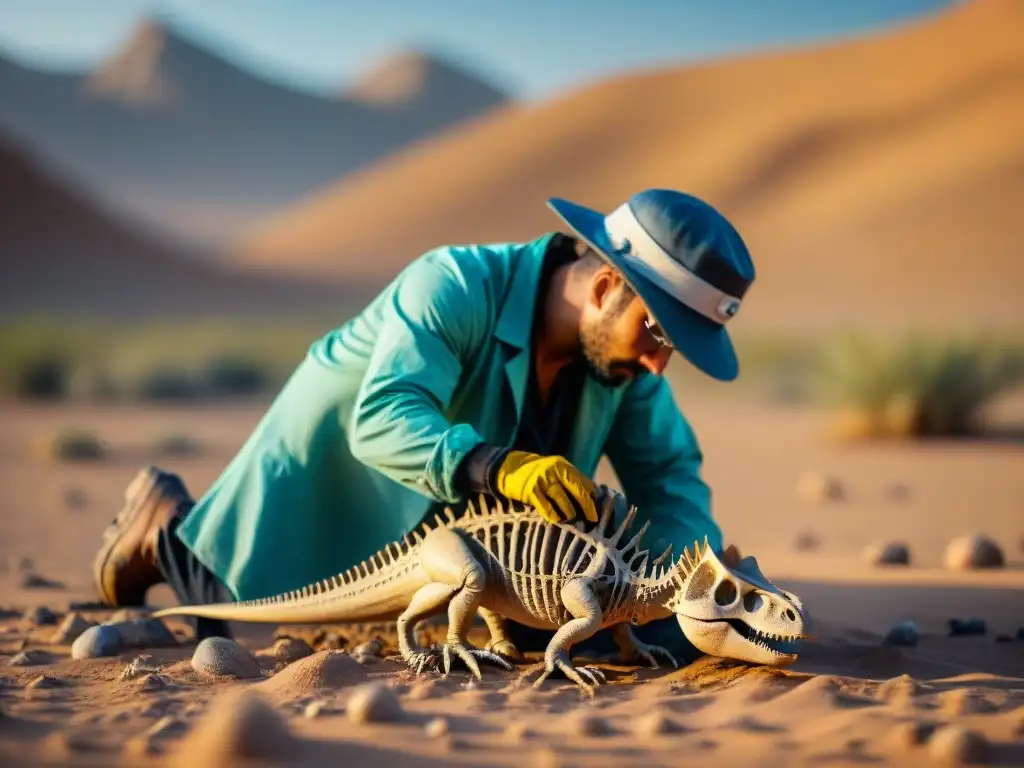 Excavación paleontológica de fósil de dinosaurio en desierto remoto Equipo de paleontólogos excavando fósil de dinosaurio en desierto remoto