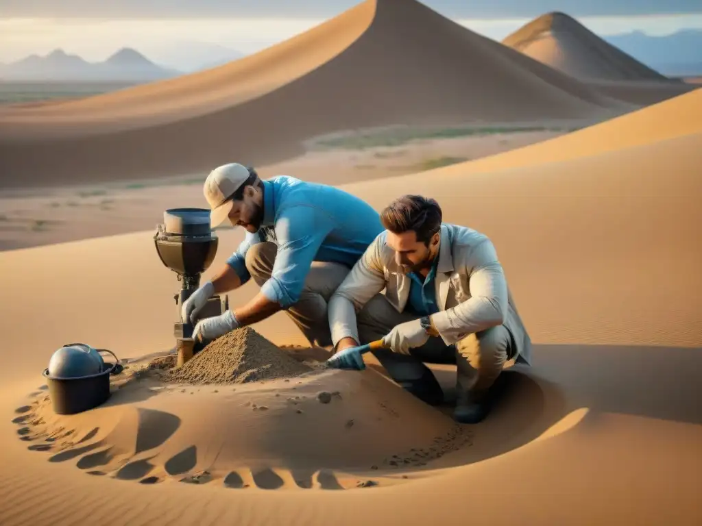 Excavación paleontológica: descubriendo fósiles en el desierto Equipo de paleontólogos excavando fósil de dinosaurio en desierto