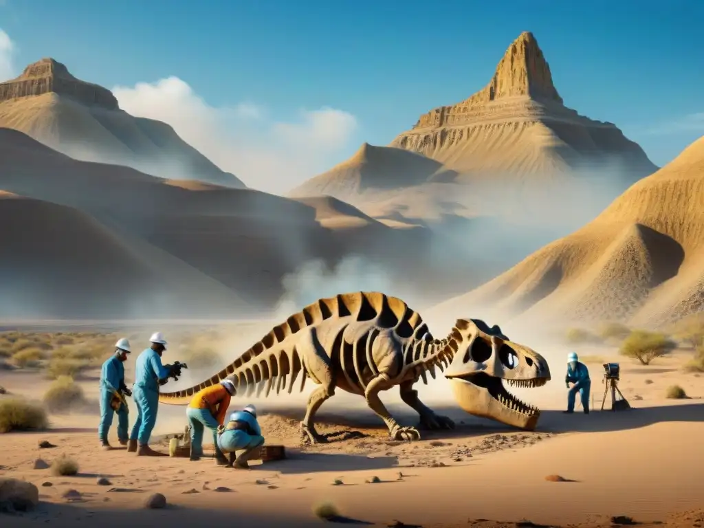 Excavación de dinosaurios: precisión en el desierto remoto Equipo de paleontólogos excavando fósil de dinosaurio en desierto remoto