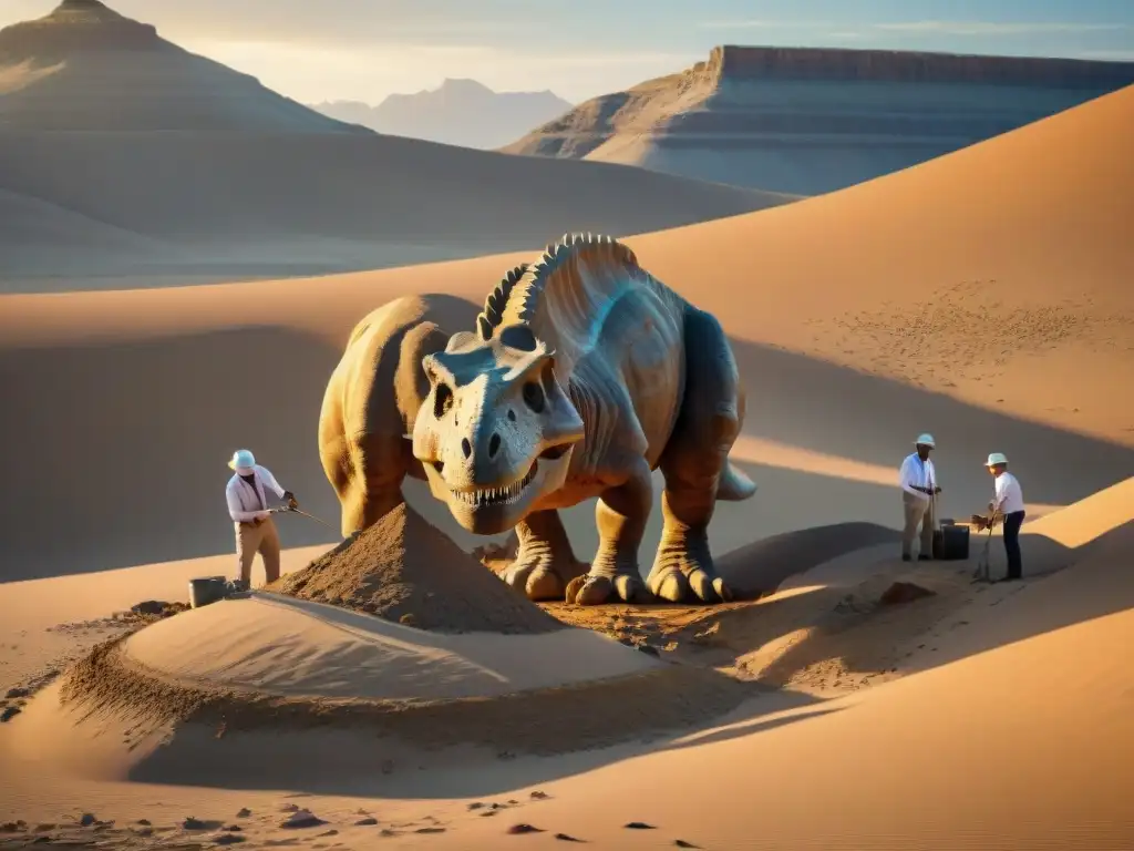 Descubrimiento épico: Paleontólogos desentierran fósil gigante en desierto Equipo de paleontólogos excavando un fósil de dinosaurio en desierto remoto al atardecer