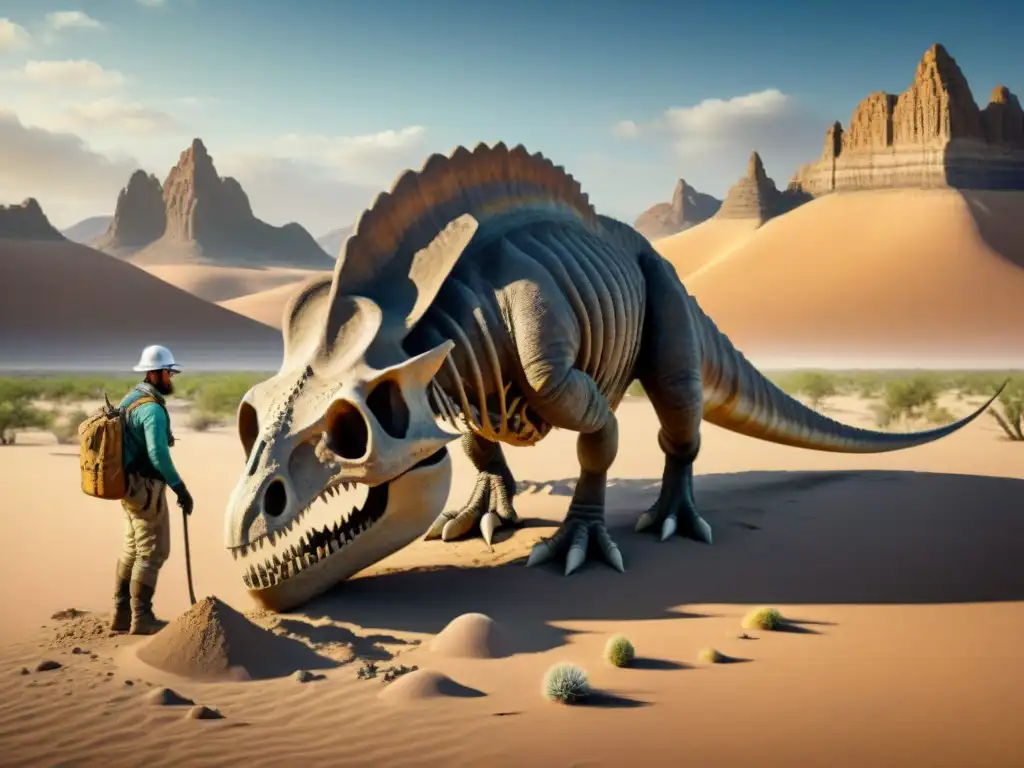 Excavación de fósil: Paleontólogos en desierto remoto Equipo de paleontólogos excavando fósil de dinosaurio en desierto remoto