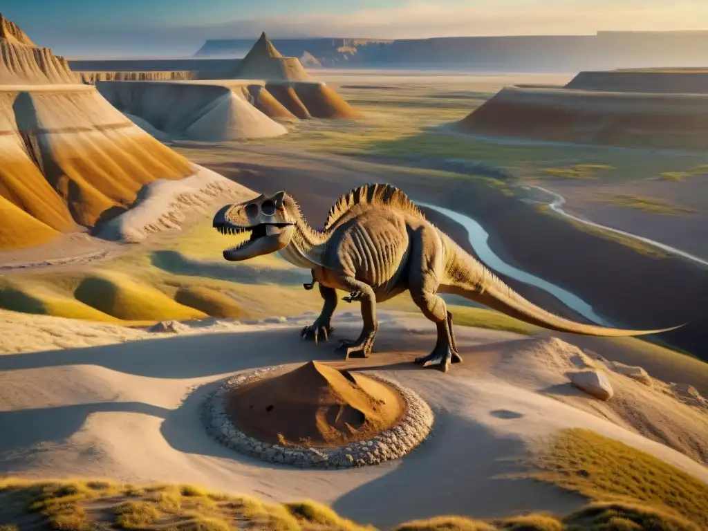 Excavación de fósil de dinosaurio en Badlands: descubriendo el pasado Equipo de paleontólogos excavando fósil de dinosaurio en Badlands, documentando la historia antigua