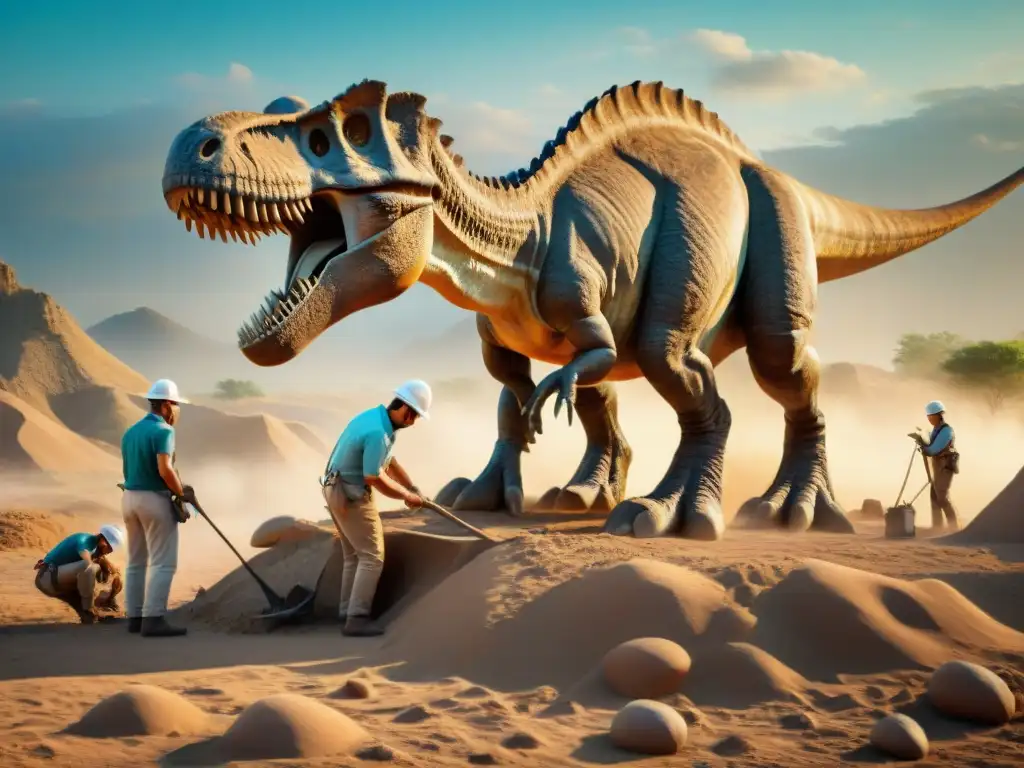 Excavación de fósil: precisión y asombro paleontológico Equipo de paleontólogos excavando fósil de dinosaurio con precisión bajo el sol abrasador