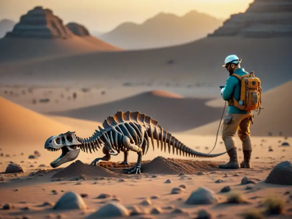 Descubrimiento paleontológico: Equipo desenterrando fósil de dinosaurio con realidad aumentada al atardecer Equipo de paleontólogos descubre fósil de dinosaurio con realidad aumentada en yacimiento remoto del desierto al atardecer