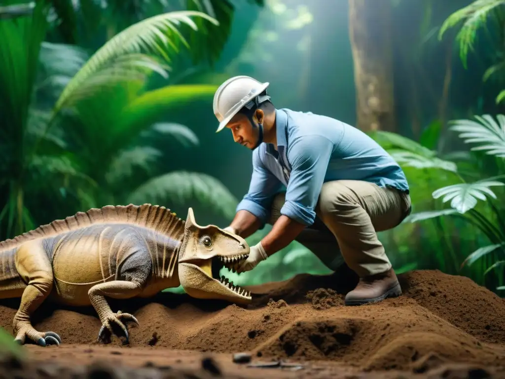 Excavación de fósil de dinosaurio en la selva amazónica Equipo de paleontólogos excavando fósil de dinosaurio en la selva del Amazonas