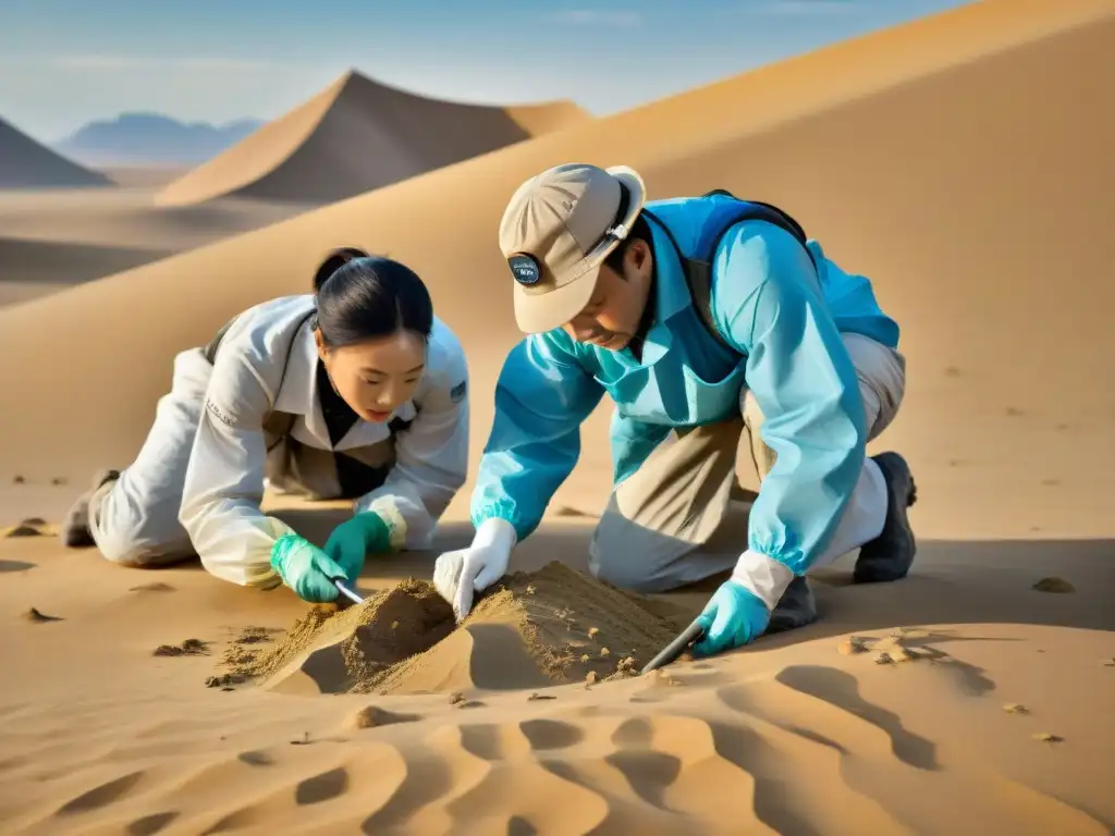 Excavación de fósil de Haplocheirus en el Desierto de Gobi Un equipo de paleontólogos descubre un fósil de Haplocheirus en el desierto de Mongolia