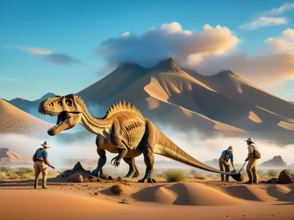 Excavación de fósil de T-Rex en desierto soleado Un equipo de paleontólogos excava un fósil de T-Rex en un desierto soleado