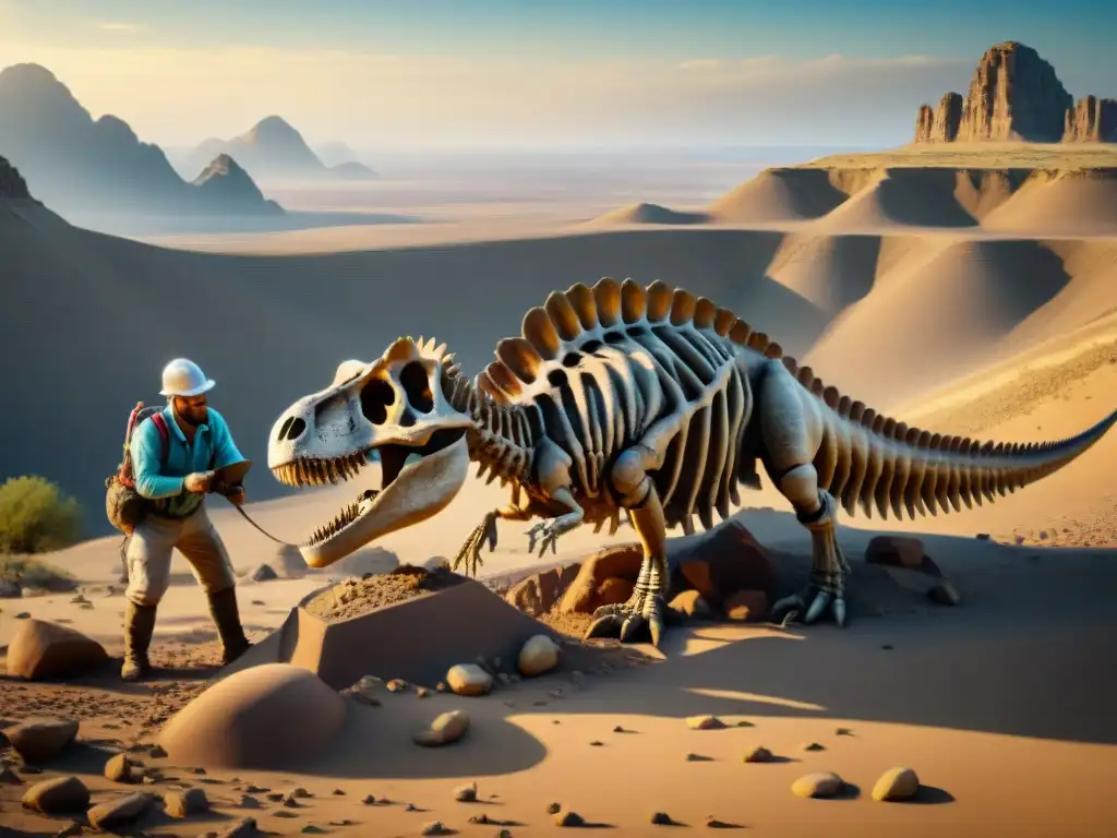 Excavación experta: Paleontólogos desenterrando fósiles de dinosaurios Equipo de paleontólogos excavando fósiles en desierto remoto