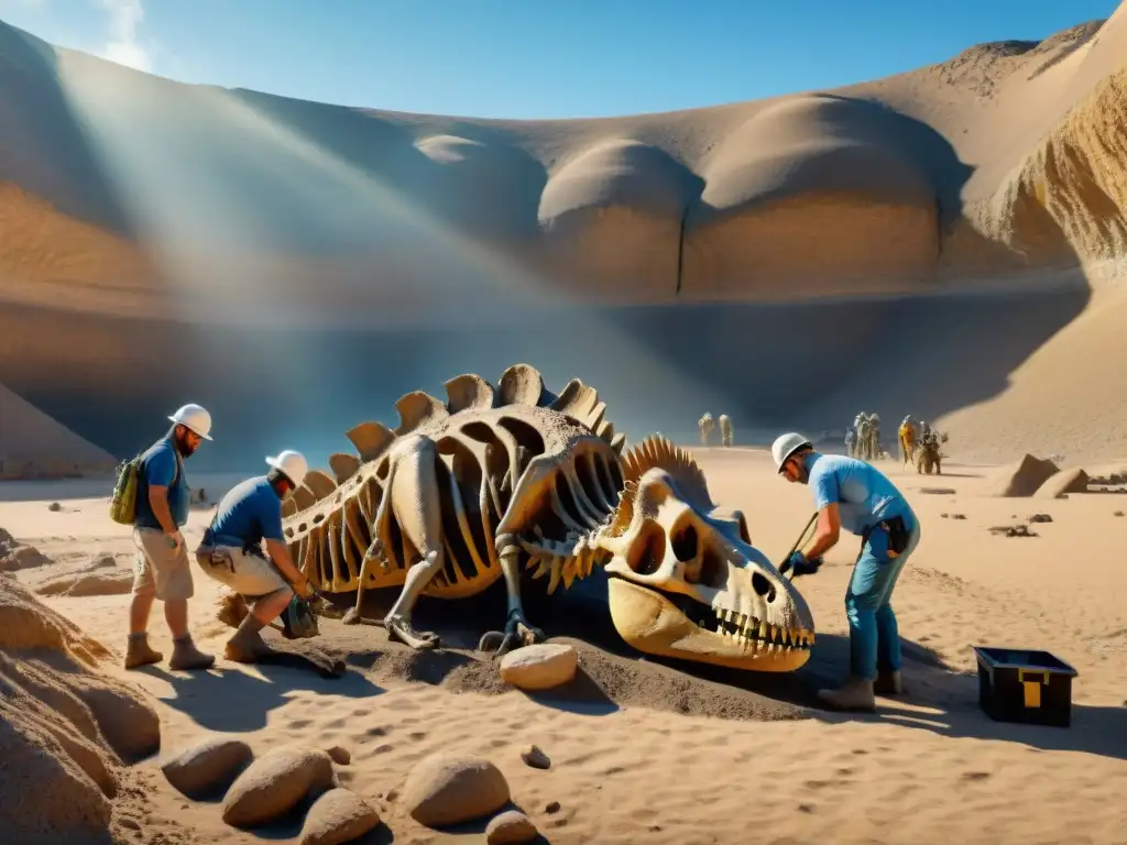 Un equipo de paleontólogos excava fósiles de dinosaurios valiosos en un yacimiento remoto del desierto