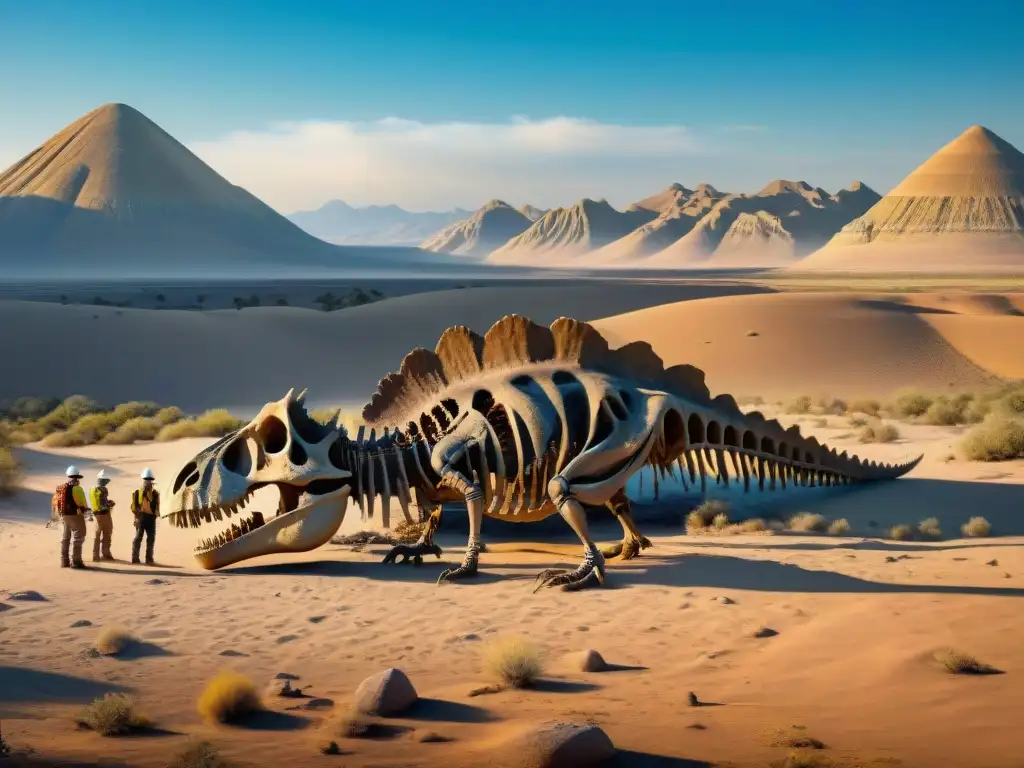 Descubrimiento paleontológico: Excavación del dinosaurio en desierto Equipo de paleontólogos excavando fósiles redefinen línea temporal dinosaurios en desierto soleado