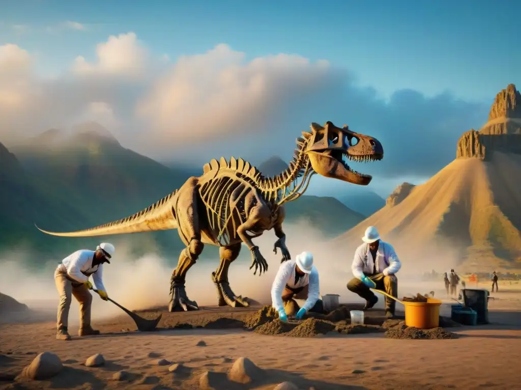 Excavación paleontológica: descubriendo restos de dinosaurios en un yacimiento remoto Equipo de paleontólogos excavando fósiles bajo protocolos internacionales