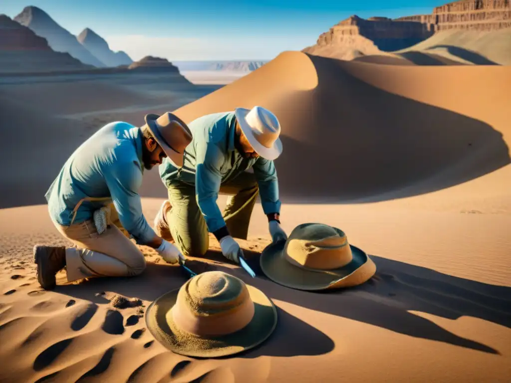 Expedición paleontológica: descubriendo huesos antiguos en el desierto Equipo de paleontólogos excavando fósiles en un remoto desierto