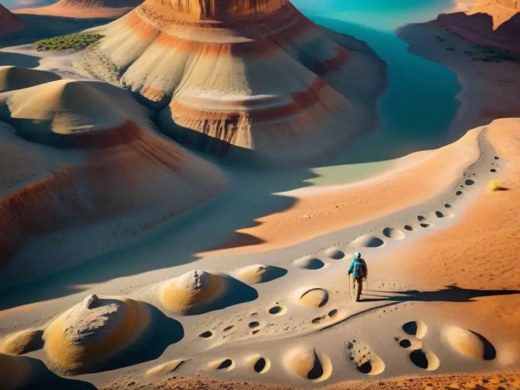 Descubriendo huellas de dinosaurios en un desierto remoto Un equipo de paleontólogos reconstruyendo huellas de dinosaurios en el desierto, con el andar de los dinosaurios recreado