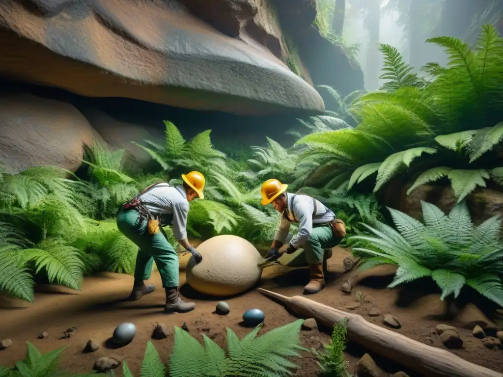 Excavación de huevos de dinosaurio: descubrimiento paleontológico en 8k Equipo de paleontólogos excavando huevos de dinosaurio en nido fósil