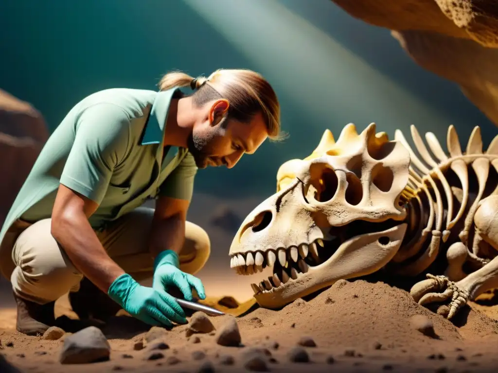 Excavación paleontológica: descubriendo un dinosaurio en el desierto Un equipo de paleontólogos excava con intensidad un esqueleto de dinosaurio en un remoto desierto
