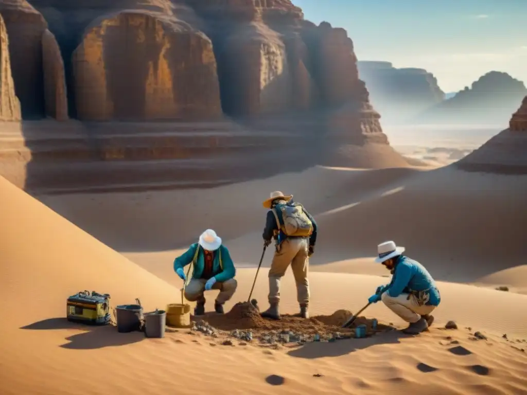 Excavación de fósiles: científicos internacionales desenterrando tesoros antiguos en el desierto Equipo internacional de científicos excavando fósiles en un desierto remoto, respetando tratados internacionales sobre prevención de saqueo
