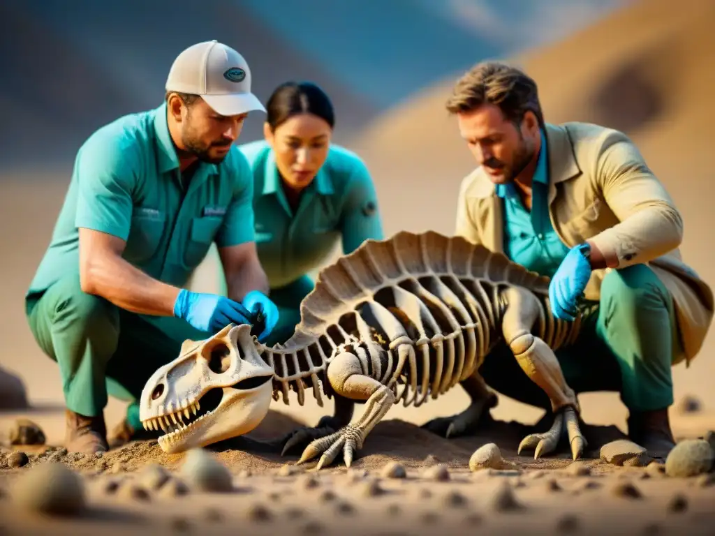 Excavación paleontológica internacional de fósil de dinosaurio en desierto remoto Equipo internacional de paleontólogos excavando fósil de dinosaurio en desierto remoto