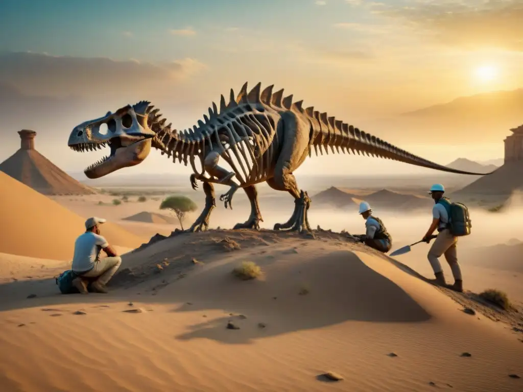 Excavación experta: paleontólogos desenterrando fósil de dinosaurio Un equipo de paleontólogos excava con meticulosidad un fósil de dinosaurio en un paisaje desértico