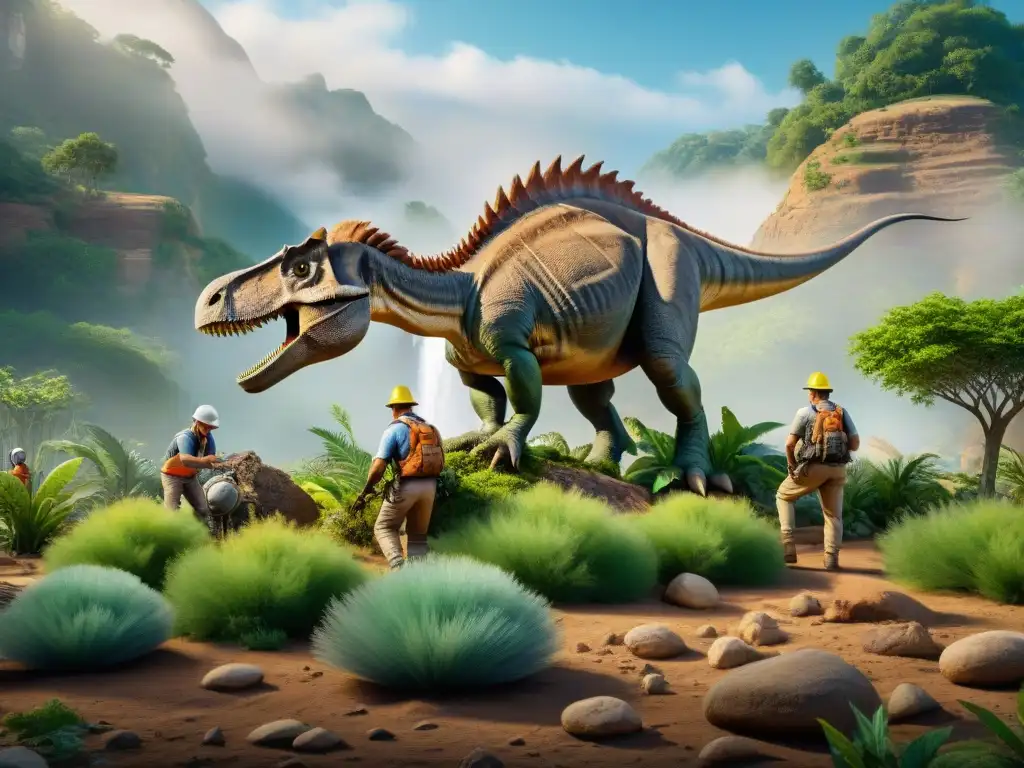 Reconstrucción detallada de hábitat de dinosaurios: paleontólogos en acción Un equipo de paleontólogos reconstruye con meticulosidad un hábitat prehistórico de dinosaurios, revitalizando un mundo extinto