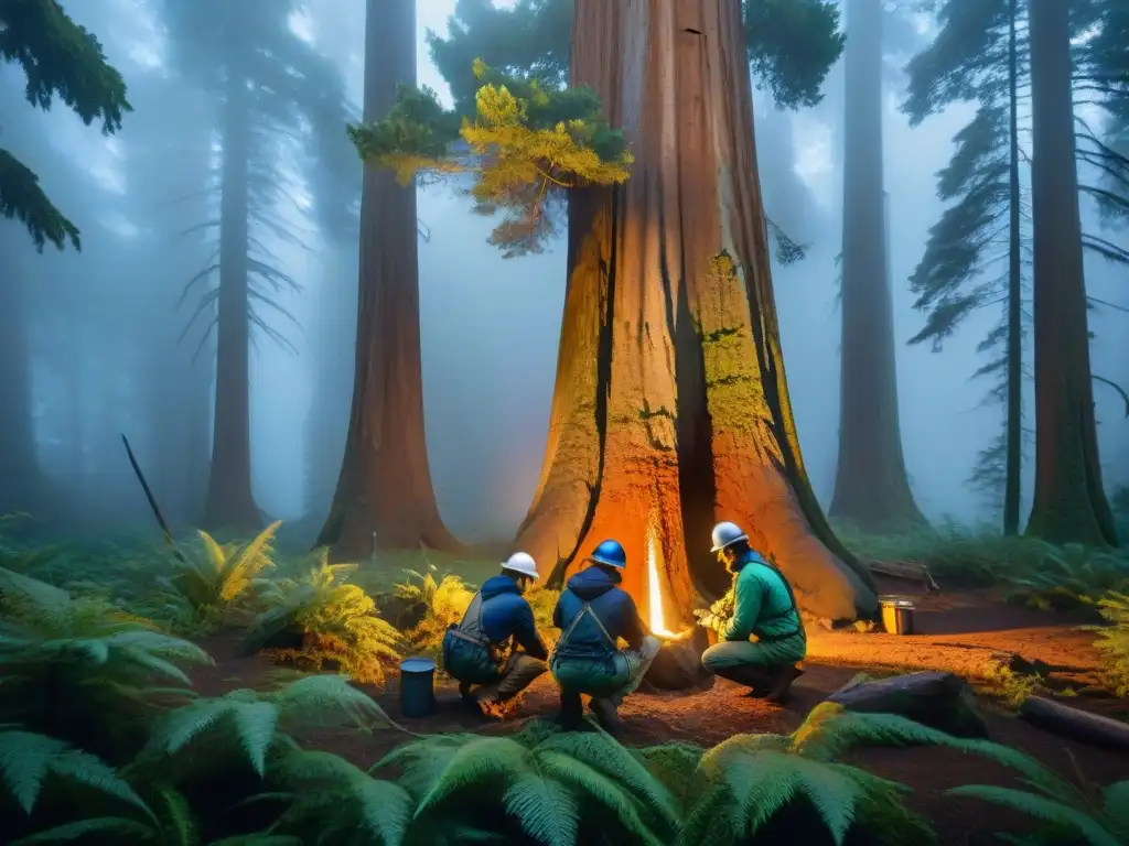 Extracción de núcleo de árbol en bosque antiguo Un equipo de paleoclimatólogos extrae con cuidado un núcleo de árbol de un antiguo redwood en un bosque neblinoso