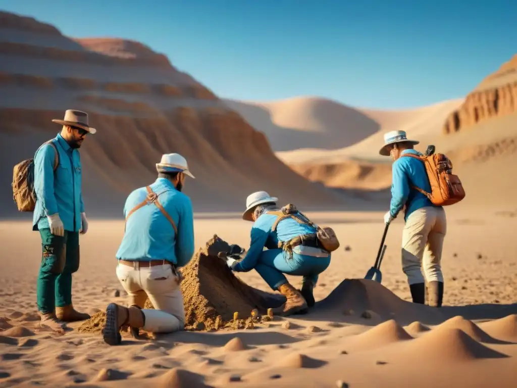 Un equipo de paleontólogos adultos excavando un sitio de fósiles de dinosaurios en el desierto