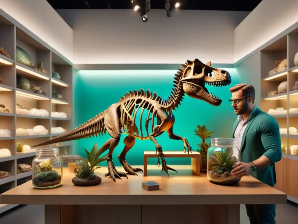 Examen detallado de fósil de dinosaurio por paleontólogos Equipo de paleontólogos realizando diagnóstico paleopatológico en dinosaurios bajo intensas luces de estudio