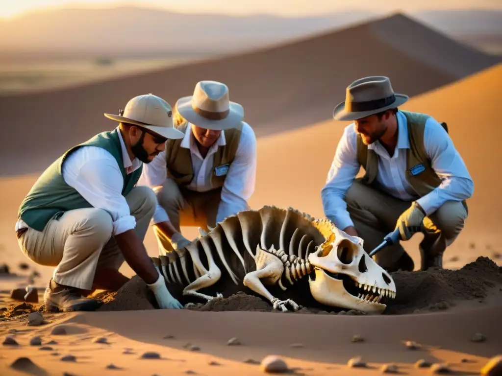 Un equipo de paleontólogos descubriendo un esqueleto de dinosaurio en el desierto al atardecer, capturando el impacto de la cultura dinosaurios