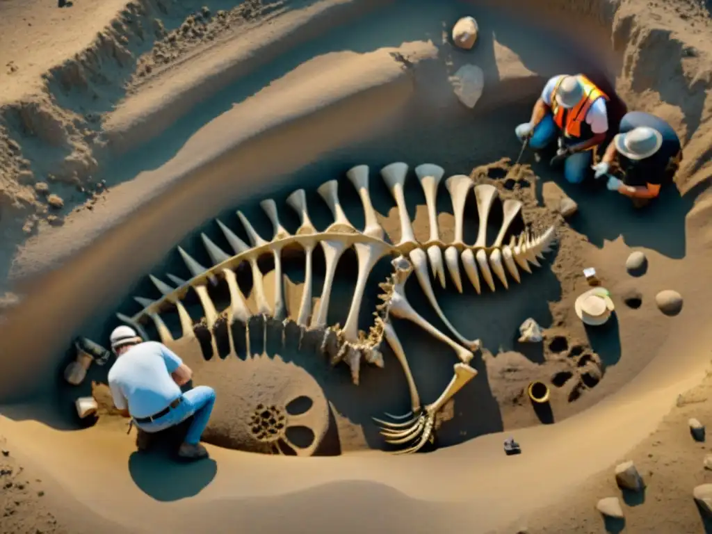 Un equipo de paleontólogos colaborando en una excavación, revelando los detalles de un esqueleto de dinosaurio