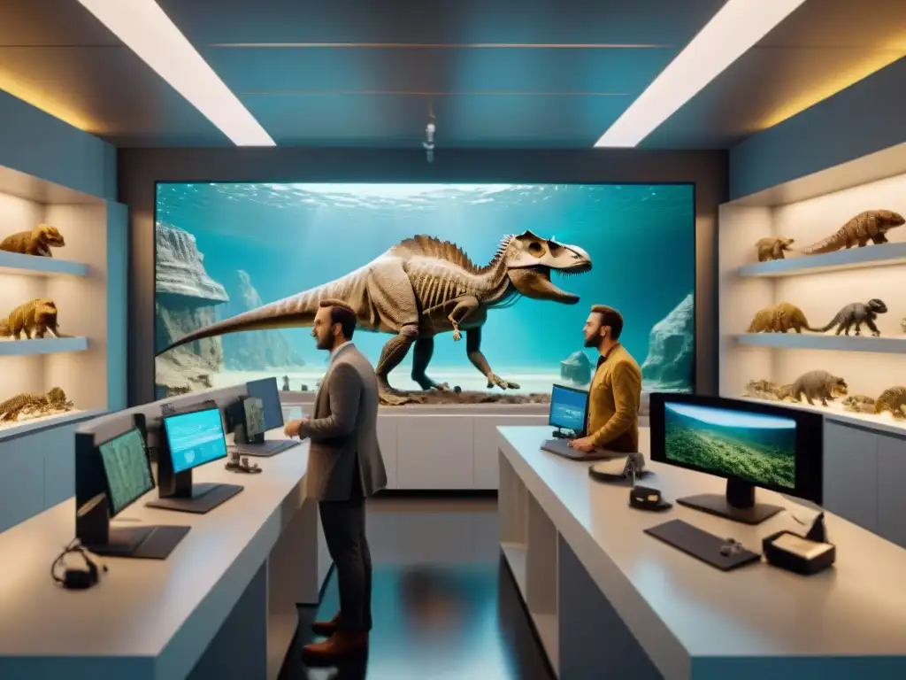 Equipo de paleontólogos y expertos en Inteligencia Artificial colaborando en un laboratorio de vanguardia