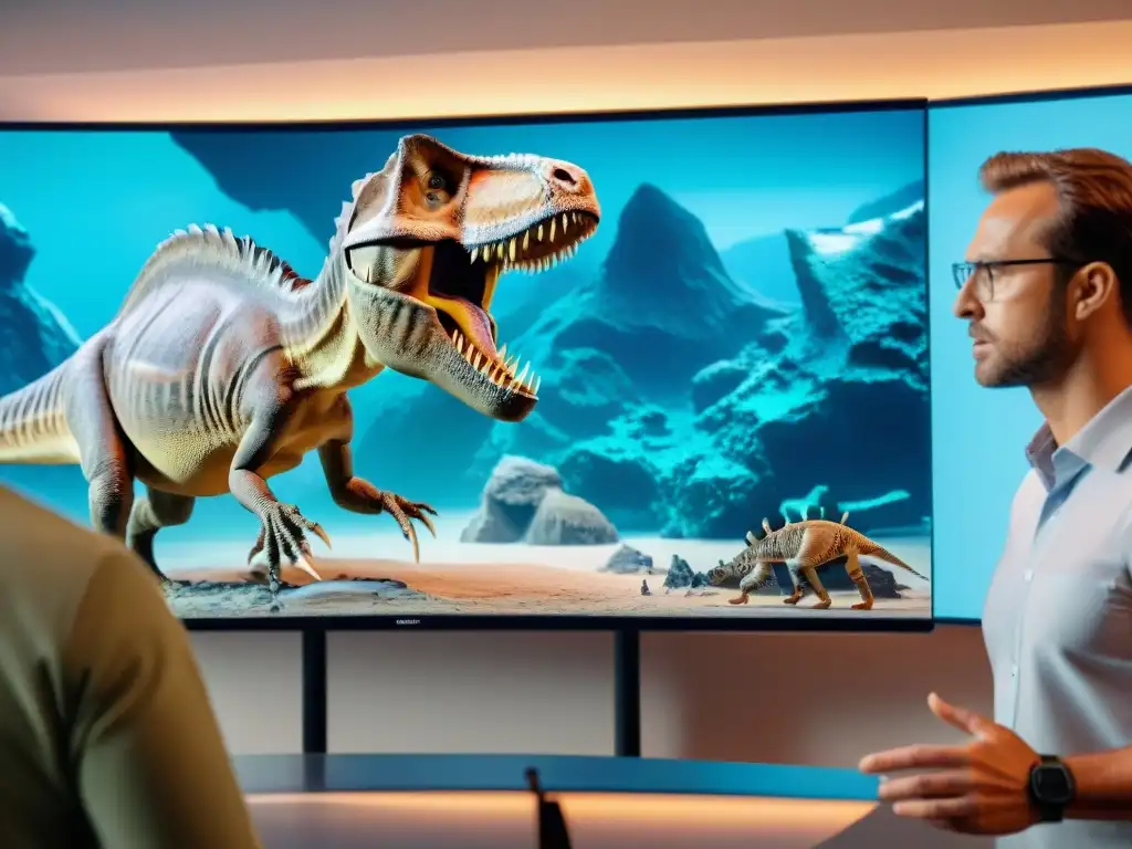 Un equipo de paleontólogos y expertos en Inteligencia Artificial colaborando en un laboratorio de vanguardia