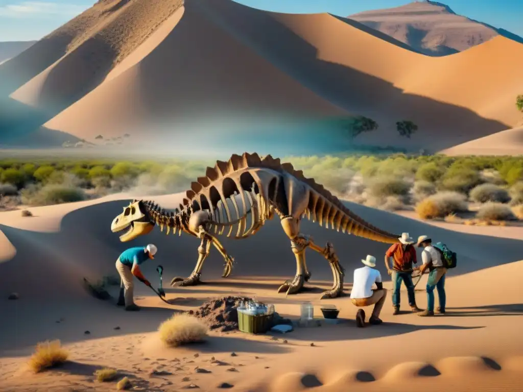 Excavación detallada de paleontólogos en desierto Equipo de paleontólogos descubriendo fósil de dinosaurio en desierto, con herramientas y realidad aumentada