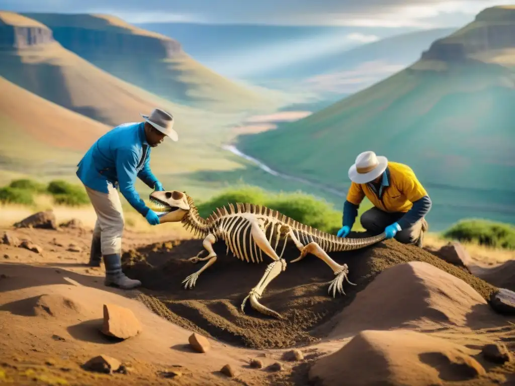 Equipo de paleontólogos descubriendo fósil de Lesothosaurus en Lesotho