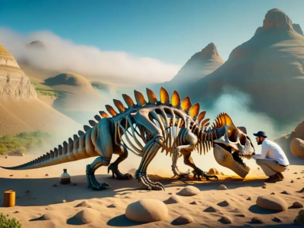 Excavación paleontológica: descubriendo secretos ancestrales Un equipo de paleontólogos excavando fósiles de dinosaurios en terreno rocoso